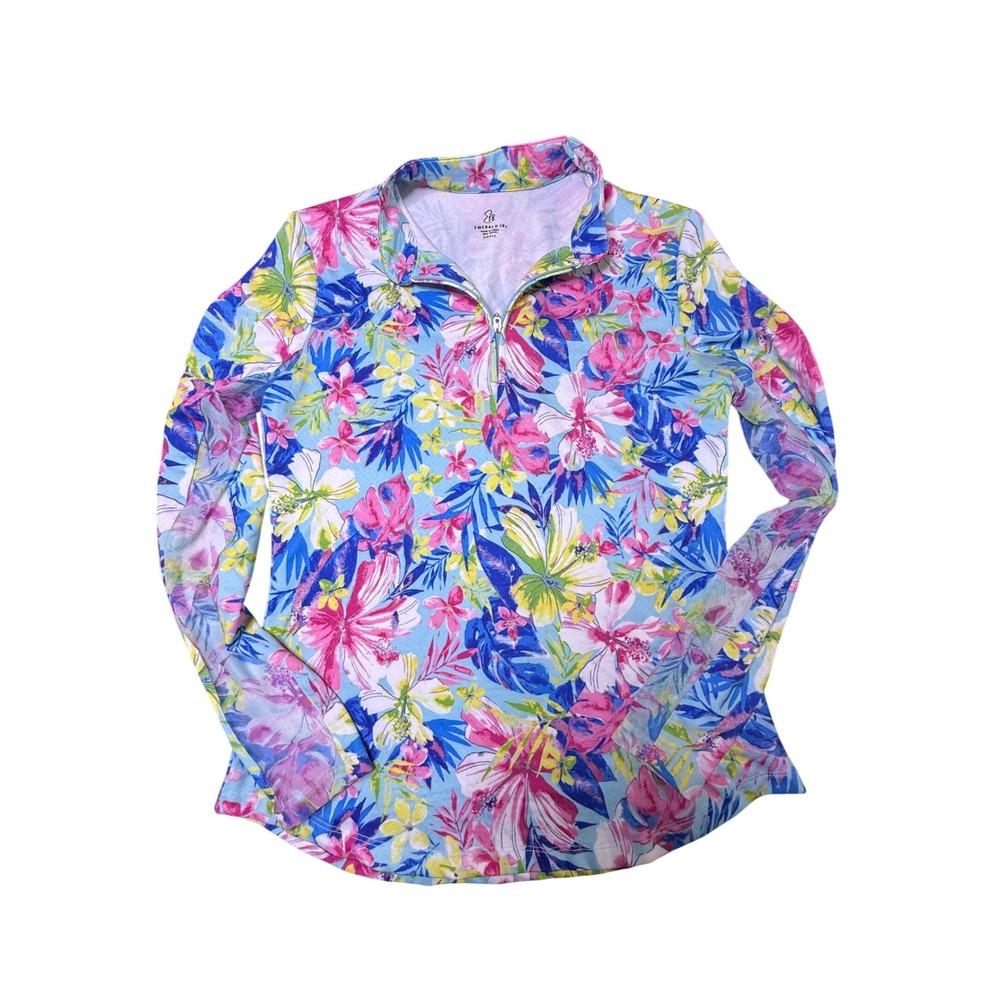 Emerald 18 Floral‎ Print Long Sleeve Quarter Zip Pullover Top